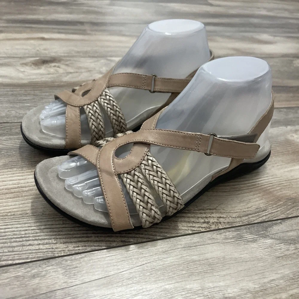 Abeo Betsy Sandals Women 7.5N‎ Tan Leather Strappy Slide Boho Comfort Summer